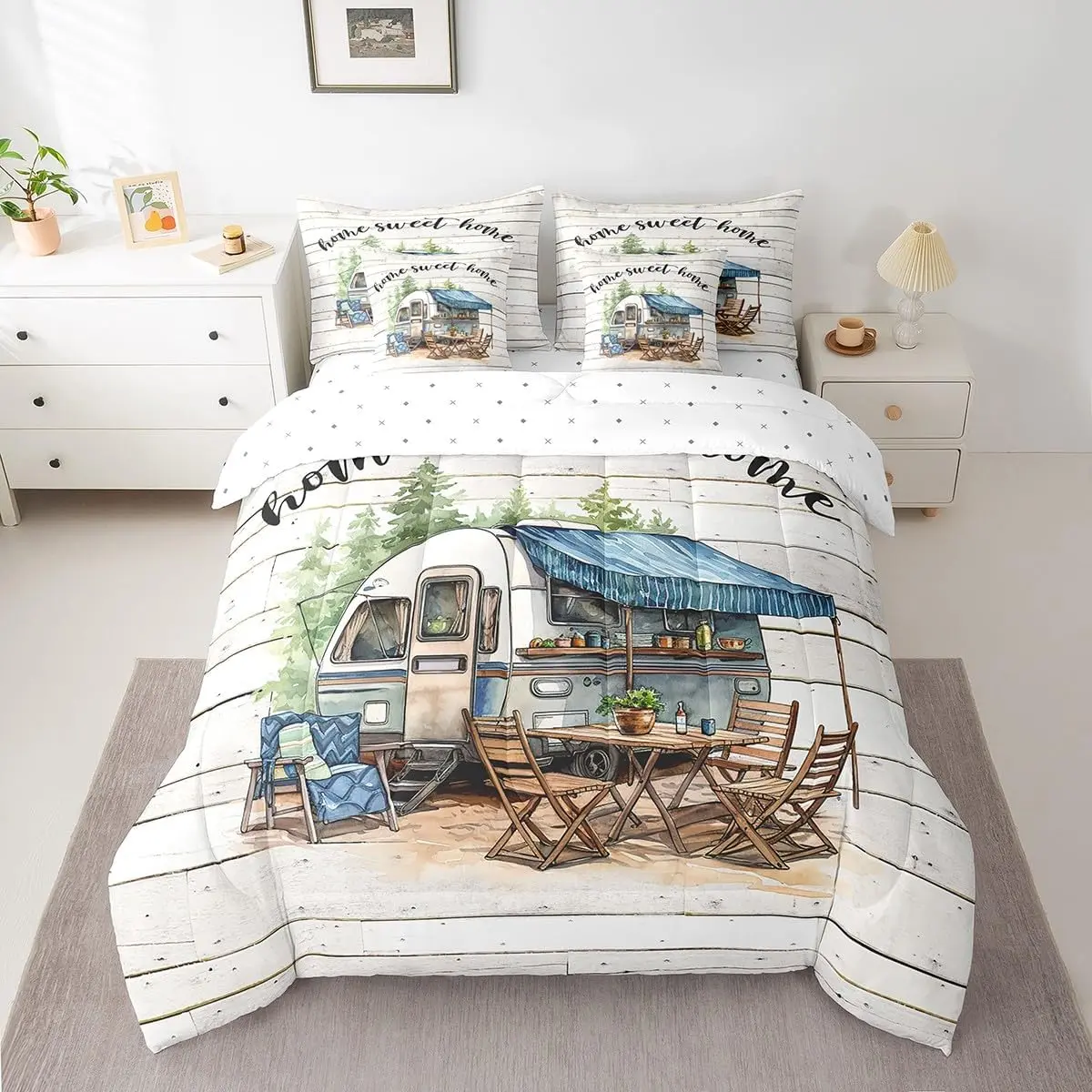 Feelyou Multi-Size 7-Piece Camper Bedding Set - Happy Camping Themed RV Bed in a Bag with Vintage Wood Grain Comforter, Sheet Set, and Pillowcases, Seven Pieces