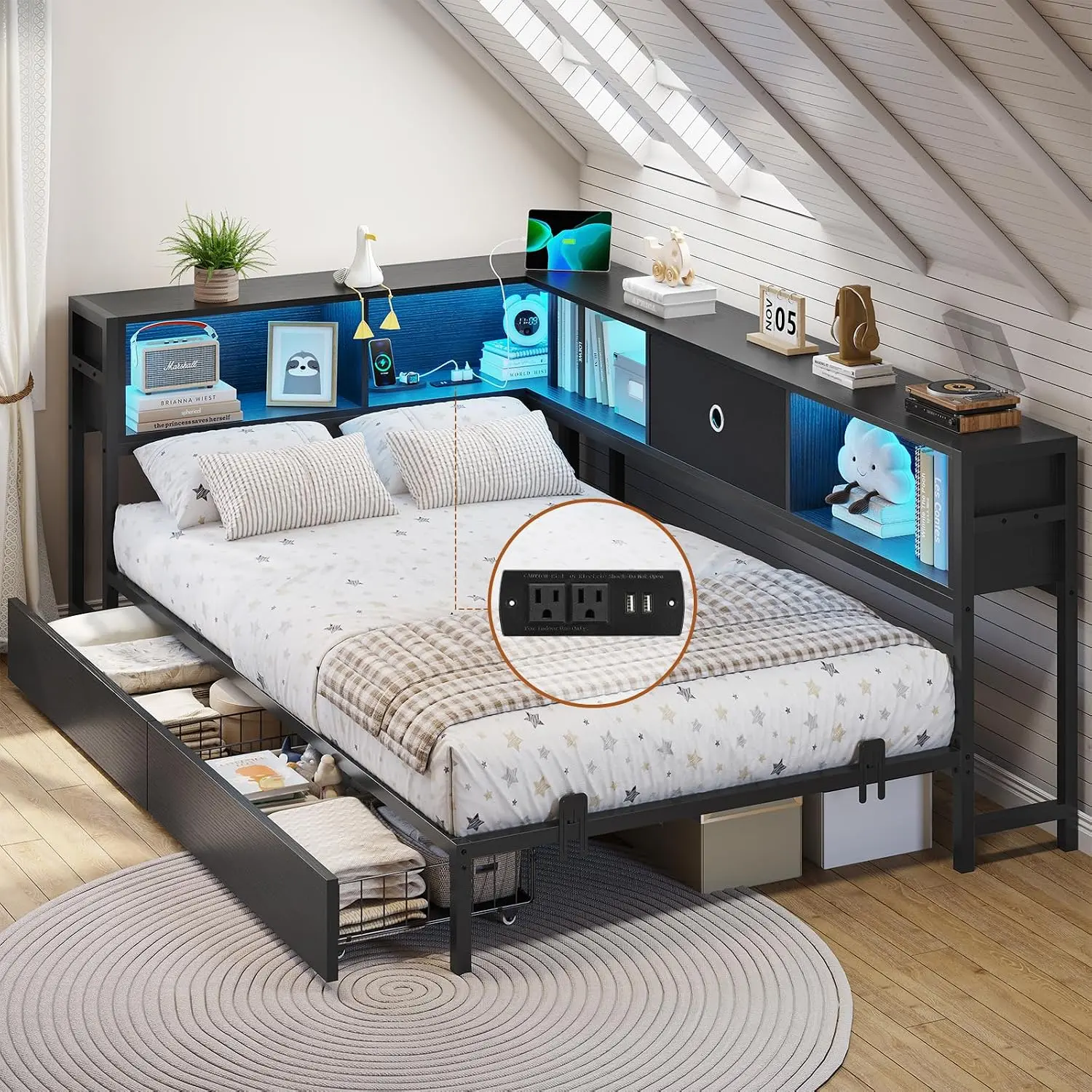Sikaic Corner Bed Frame with Storage Drawers and Bookcase Headboard, Metal Platform Corner Bed Frame with Charging Station and LED Lights, Daybed for Teens and Guests