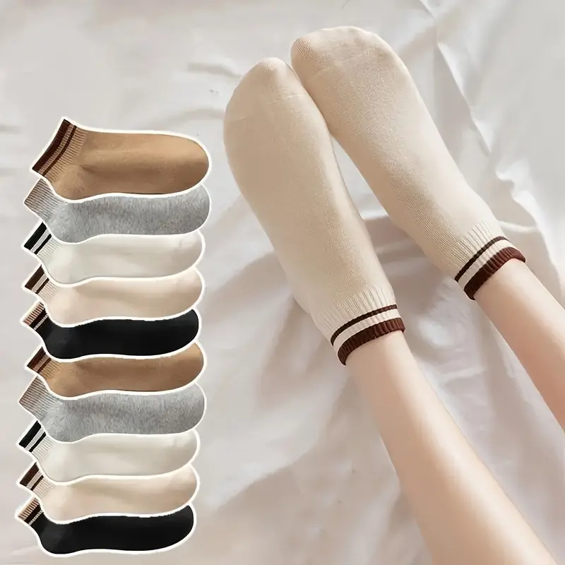 Women's Striped Ankle Length Socks (5/10 Pairs) - Comfy, Breathable Cotton Blend Athletic Socks for Women, Machine Washable Everyday Wear Liners