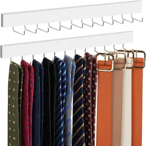 2 Pack Wodden Tie Hanger Wall Mounted, Space Saving Belt Organizer for Man with 24 180? Rotating Hooks, Space Saving Belt Storage Holder, White