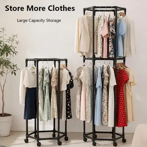 Large Capacity Clothes Rack with Wheels, Multi-Bar Clothing Organizer for Family Laundry Rooms, Rotating Garment Storage Rack for Bedrooms and Apartments