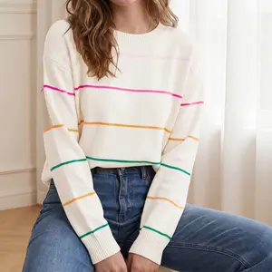 Shewin 2026 Women's Oversized Striped Knit Sweater, Crew Neck Long Sleeve Cozy Polyester Pullover, Casual Office Daily Wear Top Womenswear Knitwear