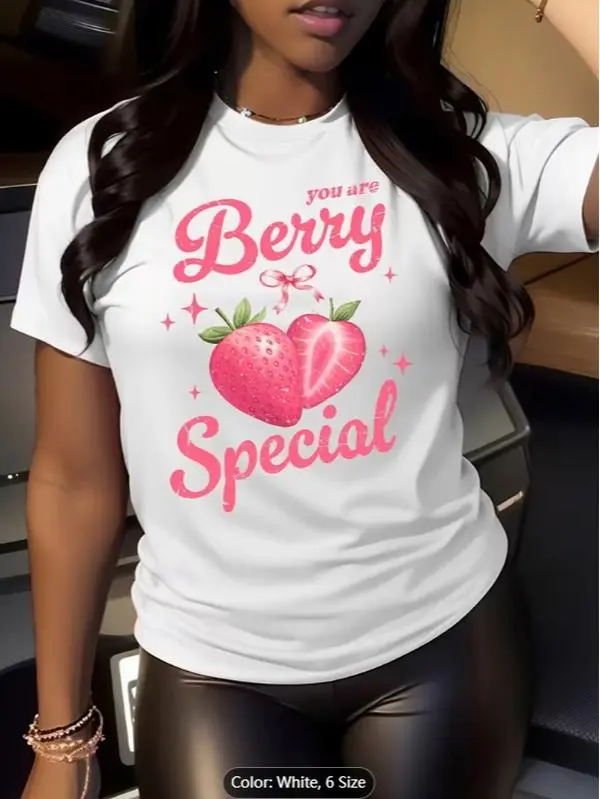 Women'S Strawberry Print T-Shirt - Cute "Berry Special" Design, Pink Lettering And Rich Fruit Pattern, Casual Short-Sleeve Round-Neck Top, Suitable for Casual Wear, Valentine'S Day Outfit, Clothing for Strawberry Lovers