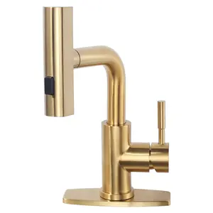 WOWOW Waterfall Single Handle Pull Down Bar Faucet with 3-Modes Sprayer and Deckplate in Brushed Gold