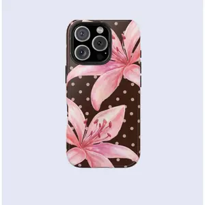 MagSafe Compatible Pink Lily & Black Polka Dot iPhone Case, Wireless Charging Aesthetic Protective Cover for iPhone 16/15/14/13/12 Pro Max