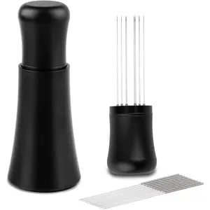 Espresso Distribution tools, 10 x 0.35mm 304 Stainless Steel Needles Installed with 10 Extra needles for Espresso Stirrer Replacement, Aluminum Alloy Handle with Stand (Matte black)