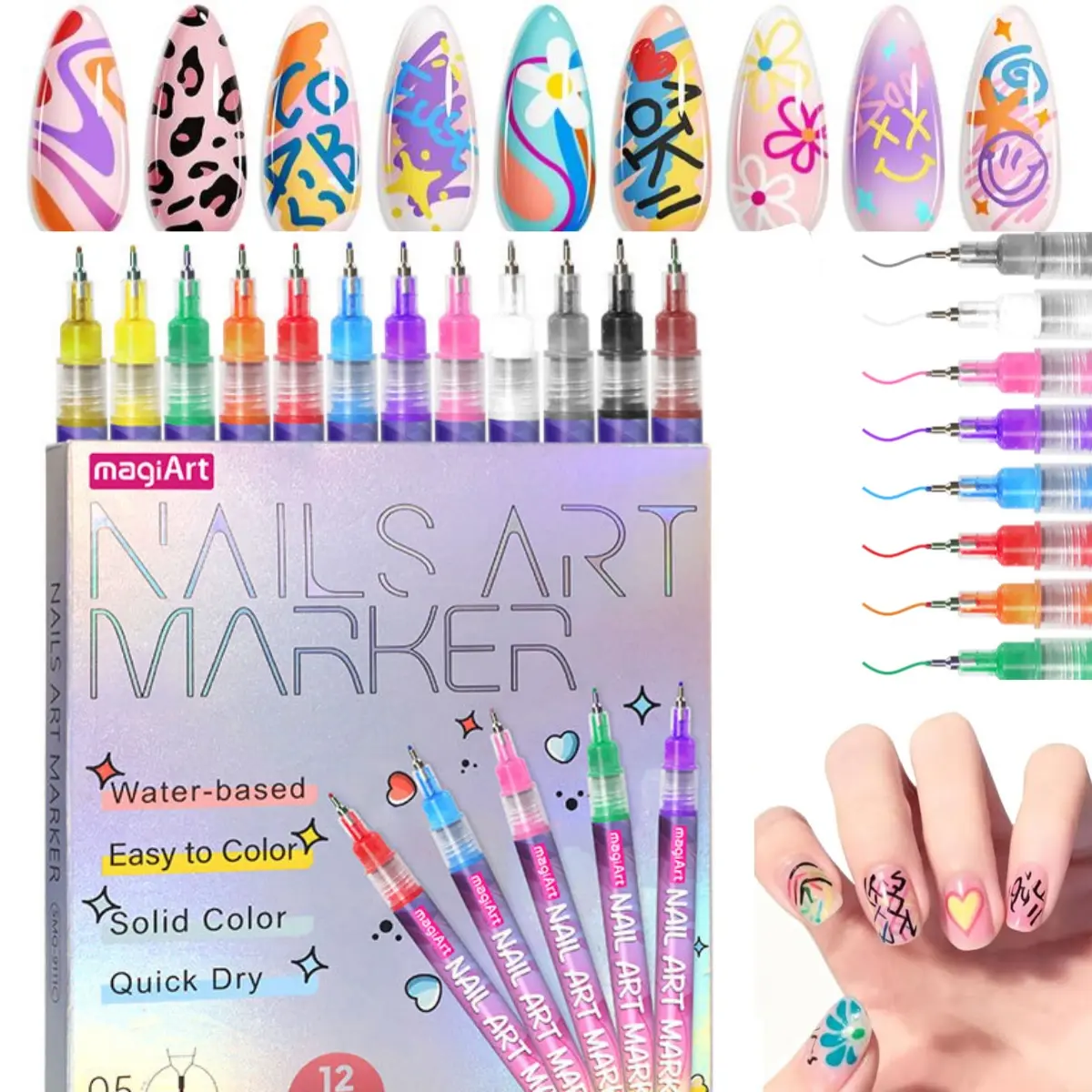12 Color Nail Care Acrylic Paint Pen for Nail Painting, 1Box DlY Quick Drying Dot Flower Hook Pen, Daily Use Nail Art Marker Pen, Manicure Tool for Women & Girls, Nail Design Pen, Nail Care Manicure Polish Cosmetic Salon