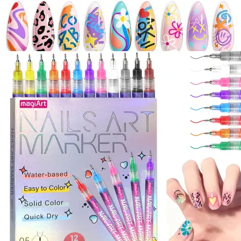 12 Color Nail Care Acrylic Paint Pen for Nail Painting, 1Box DlY Quick Drying Dot Flower Hook Pen, Daily Use Nail Art Marker Pen, Manicure Tool for Women & Girls, Nail Design Pen, Nail Care Manicure Polish Cosmetic Salon