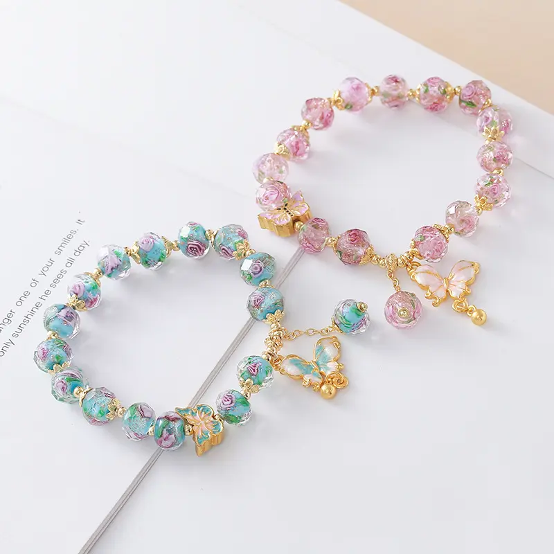 Vintage Rose Flower Butterfly Beaded Bracelet for Women, Coquette Boho Marble Glass Bead Charm Bracelet, Hypoallergenic Elegant Durable Jewelry for Everyday Wear Party All Season Gift for Her