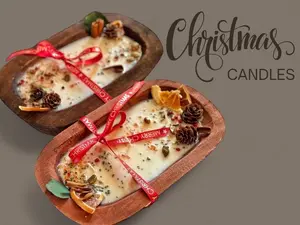 Wooden Dough Bowl Christmas Candle | Farmhouse Decor Candle - Ornaments, Freshener