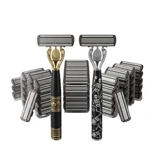 Men's Shaving Set, 2 Stylish Handles, & Skull Pattern, 30 Replacement Blades, 6 Blade Lubrication System, Smooth Shave, Luxury Design, Perfect Gift