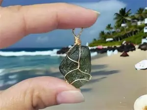 Moldavite Crystal Wire-Wrapped Necklace,Raw Meteorite Healing Crystals,Irregular Tektite Necklace