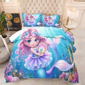 Cartoon Mermaid Girl Quilt Set,Including 1 Quilt and 1 or 2 Pillowcases Without Pillows,Suitable as a Gift for Children and Teenagers,Soft and Warm Bedroom Decoration