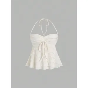 Sweetra Solid Color Drawstring Halter Backless Sexy Summer Tank Top