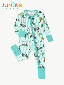 JUNBLEBABY Baby Bamboo Fiber Double Zipper Hoodie with Stripes and Golf Print One-Piece Climbing Suit Removable Foot Covers