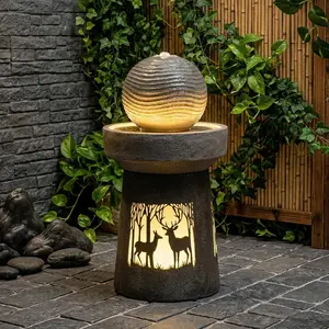 Rustic Farmhouse Water Fountain with LED Lights, Wheat Harvest Hollow Design Cascading Ball Water Feature, Weather-Resistant Resin Floor Waterfall for Porch Patio Garden Indoor Living Room Home Decor