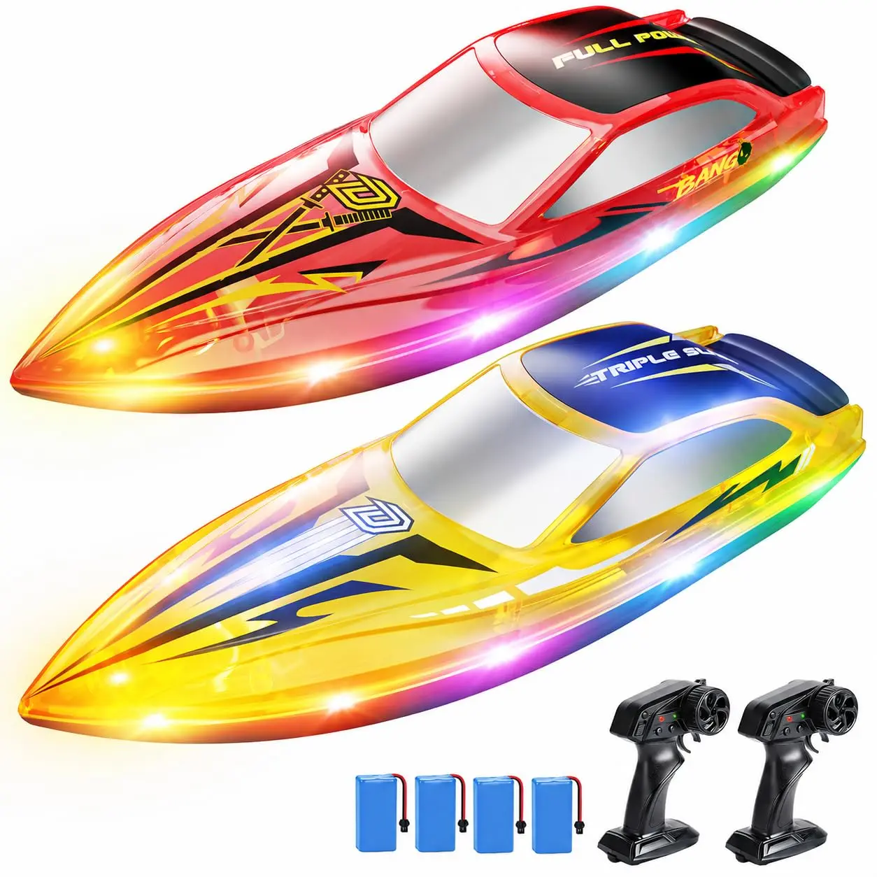 DEERC 2-Pack RC Boats for Kids, 120 Min Runtime, 7 LED Lights Mode | Capsize Recovery, Fast Remote Control Boat with 4×1200mAh Batteries, 2.4GHz Racing, Pool & Lake Toy