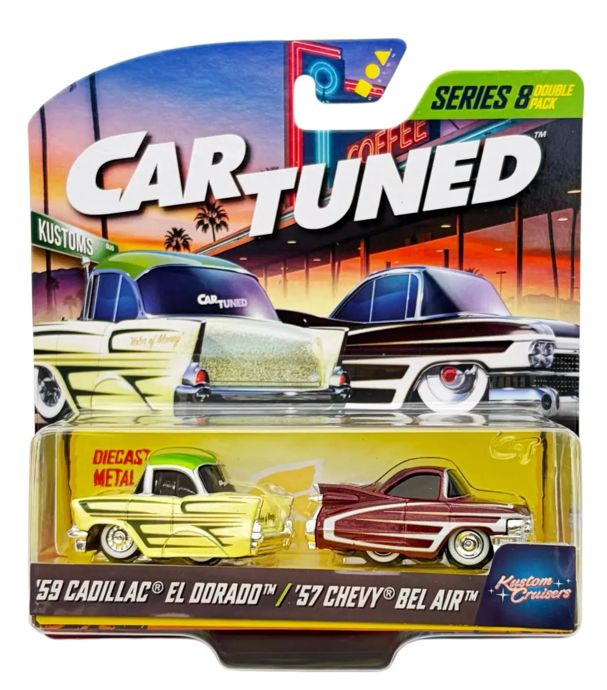 CarTuned Diecast Kustom Cruisers 1:64 2-Pack - '59 Cadillac El Dorado & '57 Chevy Bel Air, Miniature Wheels Micro-Scale Model Cars, Diecast Model Cars, Miniature Wheels Model Cars