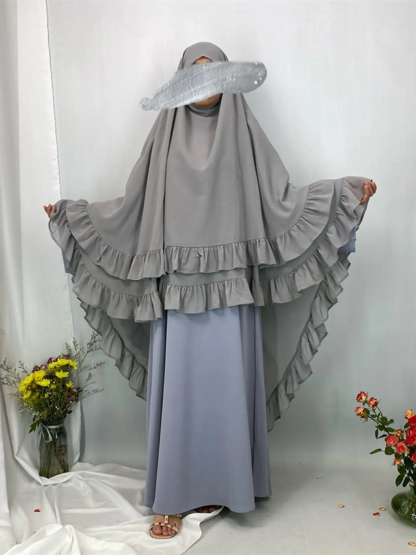 Women's Solid Color Ruffle Trim Chiffon Khimar, Modest Fashion Two Layer Design Long Hijab for Daily Wear, Women's Islamic Clothing for All Seasons
