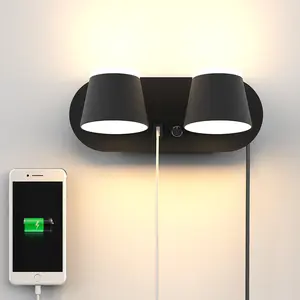 Sytmhoe 12W AC 110-130V Aluminum 3000K Dimmable Wall Lights With Plugs Usb Charing Port For Bedroom Living Room SY-I067