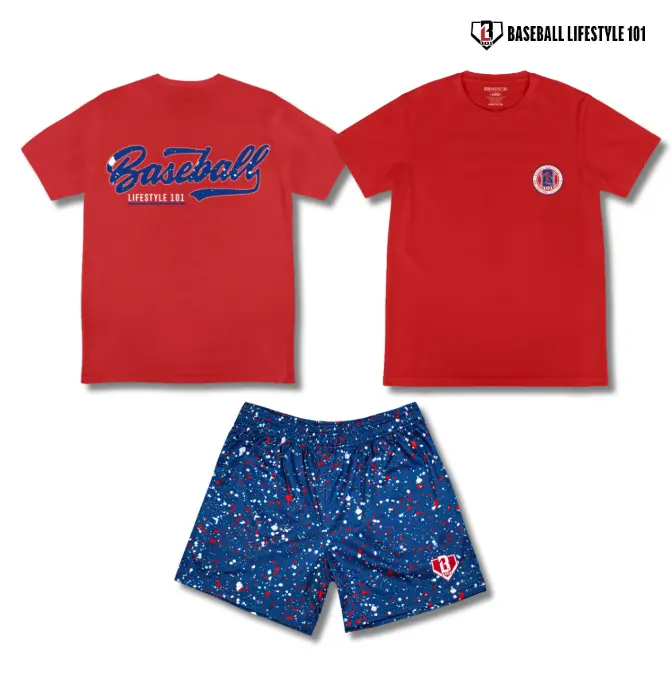 Baseball Lifestyle 101 Splatter Established Tee & Shorts Set USA Colors, Matching Baseball Outfit for Youth & Adults, Patriotic Athletic Apparel, Baseball Streetwear Set