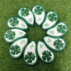 Clover Pattern Golf Club Head Cover, 10pcs Durable Dust-proof Golf Club Head Cover, Golf Push Rod Protective Cover, Golf Accessories