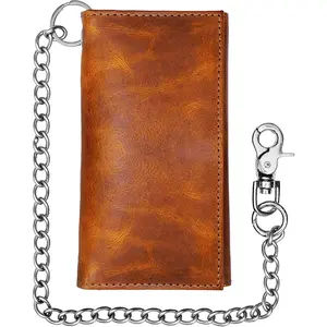 RAW HYD Large Chain Leather Trifold Wallet - Vintage Rugged Full Grain Leather Wallet w/ 18” Stainless Steel Chain - Snap Men's Trifold Wallets w/Multiple Card Slots, ID Slot, & Zipper Pocket