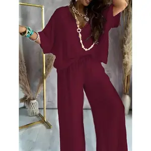 [CasualPants]CasualSolidColorPantsSet|HalfSleeveVNeckTop&WideLegPantsOutfits-Women'sClothing