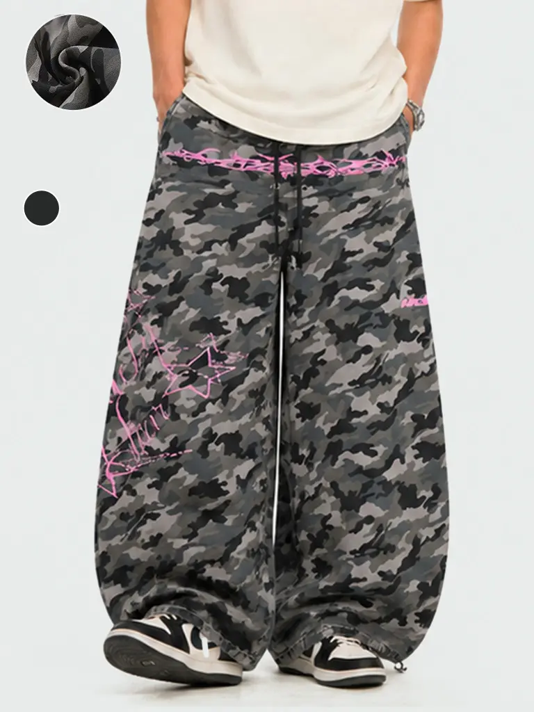 TELLFUN- Unisex Casual Camo Star Sweatpants Y2K Vintage Pink Graphic Print Mid-Rise Baggy Wide Leg Streetwear Trousers