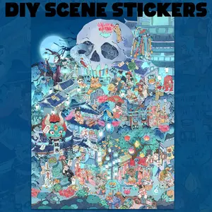 Chinese Ghost Town Scene Stickers, Super Big 3D Miniature Landscape, Traditional Chinese Town & Skull Theme, Ideal for Scrapbooking, Planners & DIY Crafts