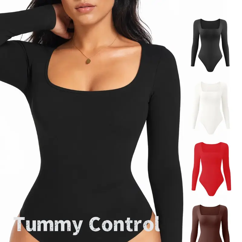 Women's Long Sleeve Shapewear Bodysuit, Thong Design, Square Neck Slimming Tummy Control, Ladies Underwear & Shapewear, Women's Seamless Shapewear, Seamless Sculpting Bodysuit
