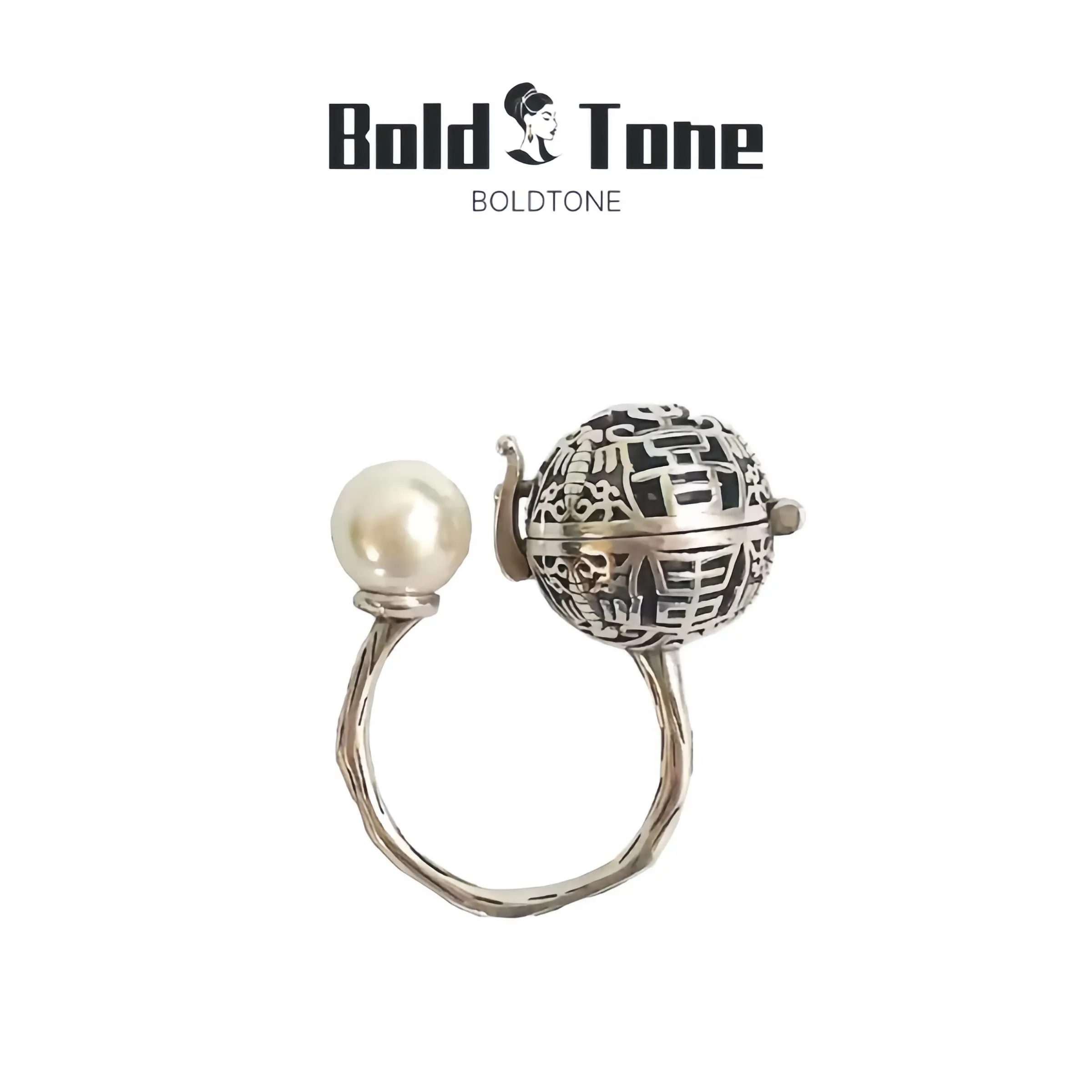 Bold Tone Adjustable Vintage Lucky Charm Pearl & Sachet Ball Ring in Tibetan Silver for Good Luck and Blessings