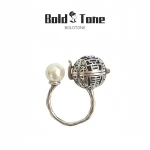 Bold Tone Adjustable Vintage Lucky Charm Pearl & Sachet Ball Ring in Tibetan Silver for Good Luck and Blessings