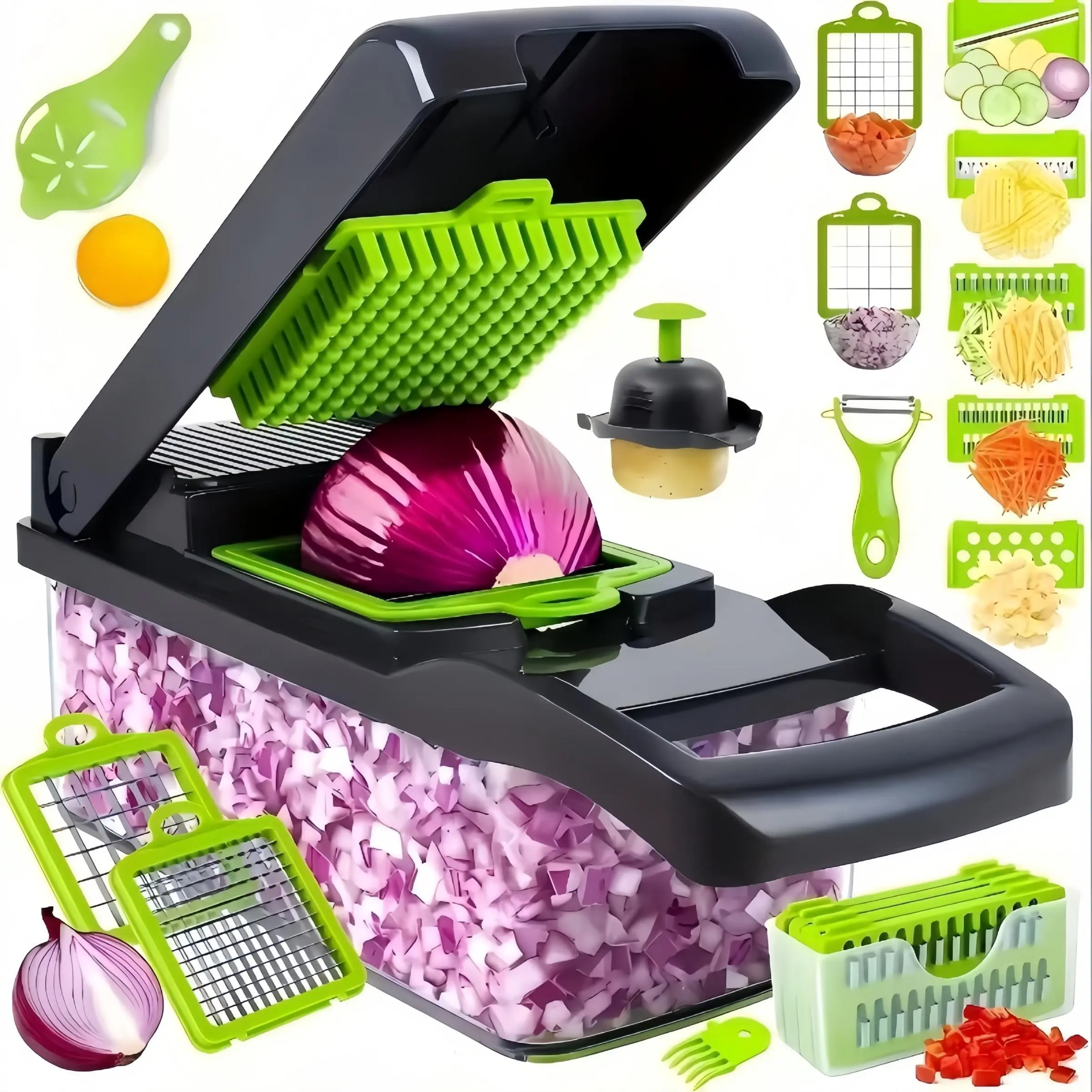 New Upgraded 16-In-1 Manual Vegetable Fruit Slicer Shredder with Container, Vegetable Fruit Cutter, Multi-Functional Food Prep Tool, Ideal for Home Kitchen & Outdoor Use, Kitchen Gadgets, Vegetable Cutting Slicer