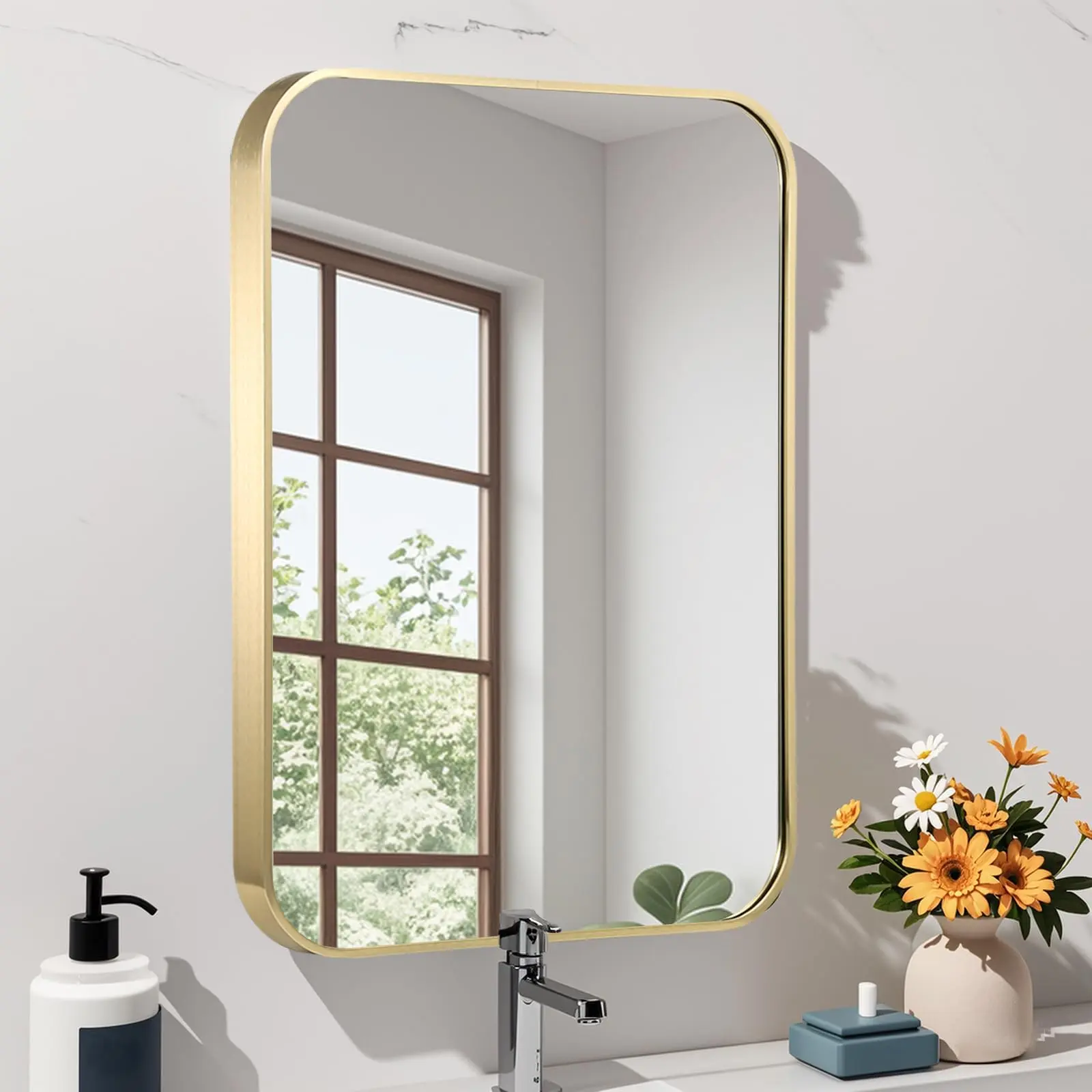 Bathroom Mirror for Wall, 22x30 Inch Gold Bathroom Mirror, Brushed Gold Metal Framed Rectangular Mirror with Rounded Corner, Bathroom Vanity Mirror for Bedroom or Living Room, Horizontal/Vertical