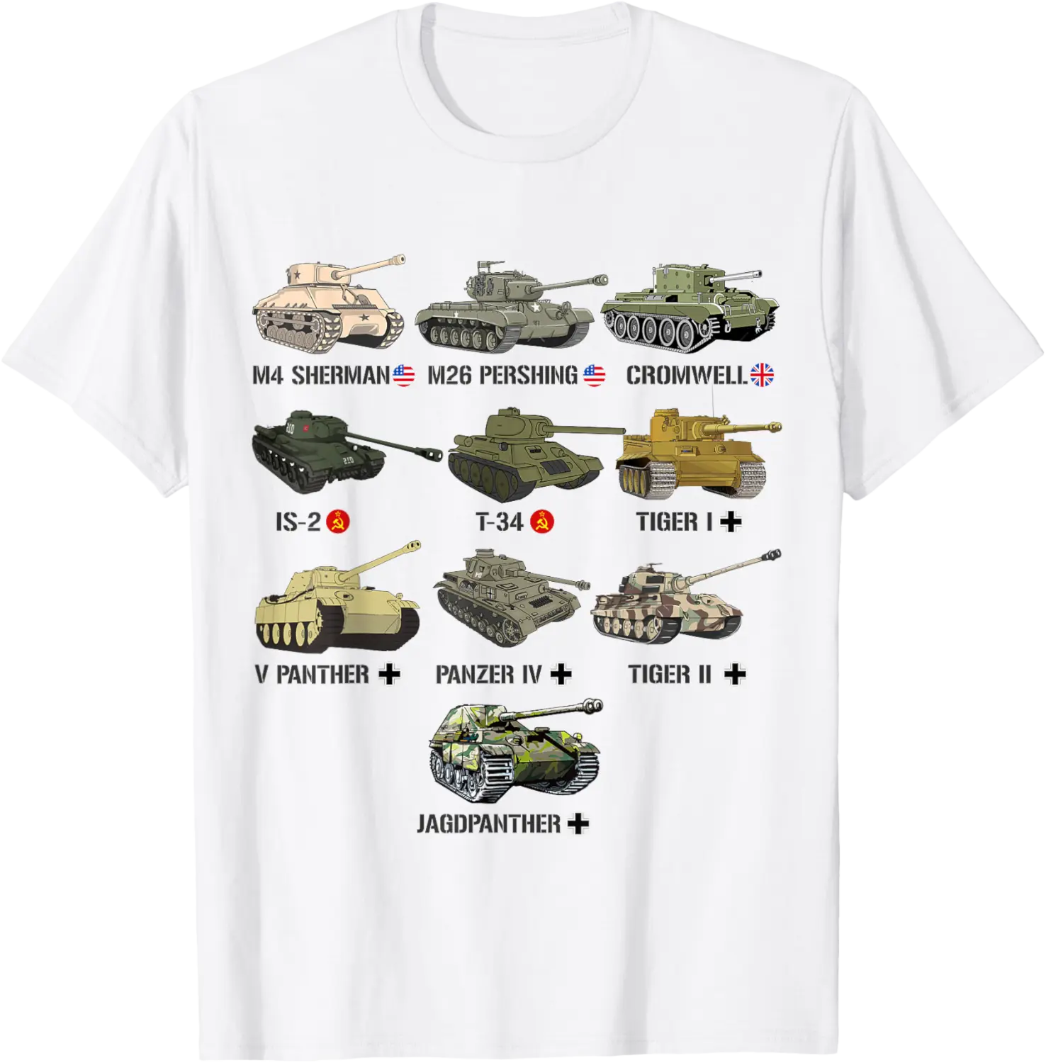 WW2 Tanks M4 Sherman Panzer IV Tiger II T-34 History Buff T-Shirt - Nallelycor Shop 37B0F1ZQJW6B