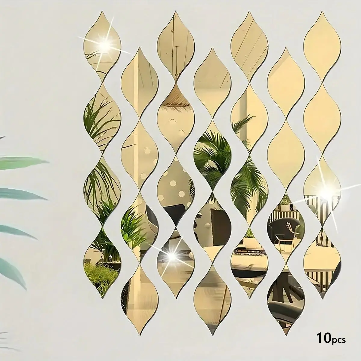 10-Pack Boho Style 3D Acrylic Mirror Wall Stickers, Oval Leaf Water Drops Design, Glossy Finish, Self-Adhesive Ceramic Surface Embellishments, Decorative Wall Sticker for Living Room, Bathroom, Home, Office Decor