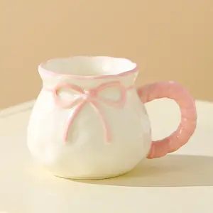 High-Value Ceramic Mug with Lid & Bow Design, Couple Water Cup, Large Capacity Coffee Breakfast Cup for Home Use
