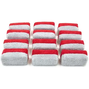Mini [Saver Applicator Terry] Ceramic Coating Applicator Sponge | 12 Pack | with Plastic Barrier to Reduce Product . (Red/Gray)