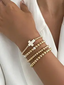 Beaded Cross Bracelet Set with Pearl Decor, Pearl Decoration, Cross Pendant, Minimalist Elegant Religious Jewelry for Women