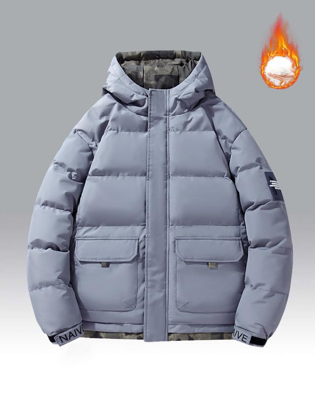 Men's Lightweight Puffy Hoodie – A thick, warm cotton jacket; features a drawstring hood, hook-and-loop fasteners, and a zippered front closure; perfect for various occasions such as commuting to work or going out on the weekend; an essential versatile pi