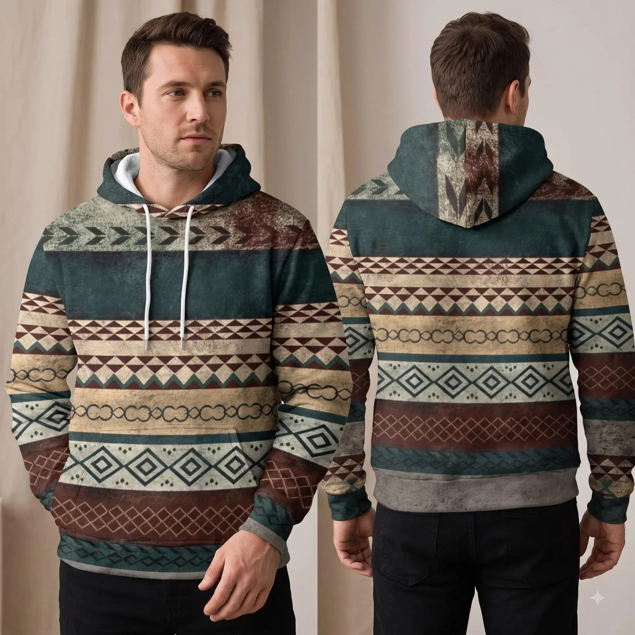 Curry Barker Bear Obsession 2026 3D Hoodie, Vintage Geometric Pattern All Over Print Pullover, Retro Earth Tone Graphic Sweatshirt, Unisex Gift