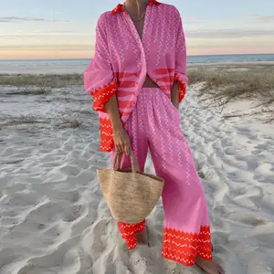 Two-piece wide-leg pants set, fashion, bohemian vintage flared pants, cute batwing shirt, pink series, cozy dress, sweet, chic #SpringStatements