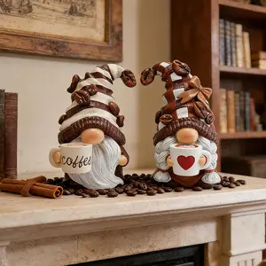 2Pcs Coffee Gnome Figurines - Resin Swedish Tomte with Coffee Cup, Farmhouse Kitchen Coffee Bar Decor