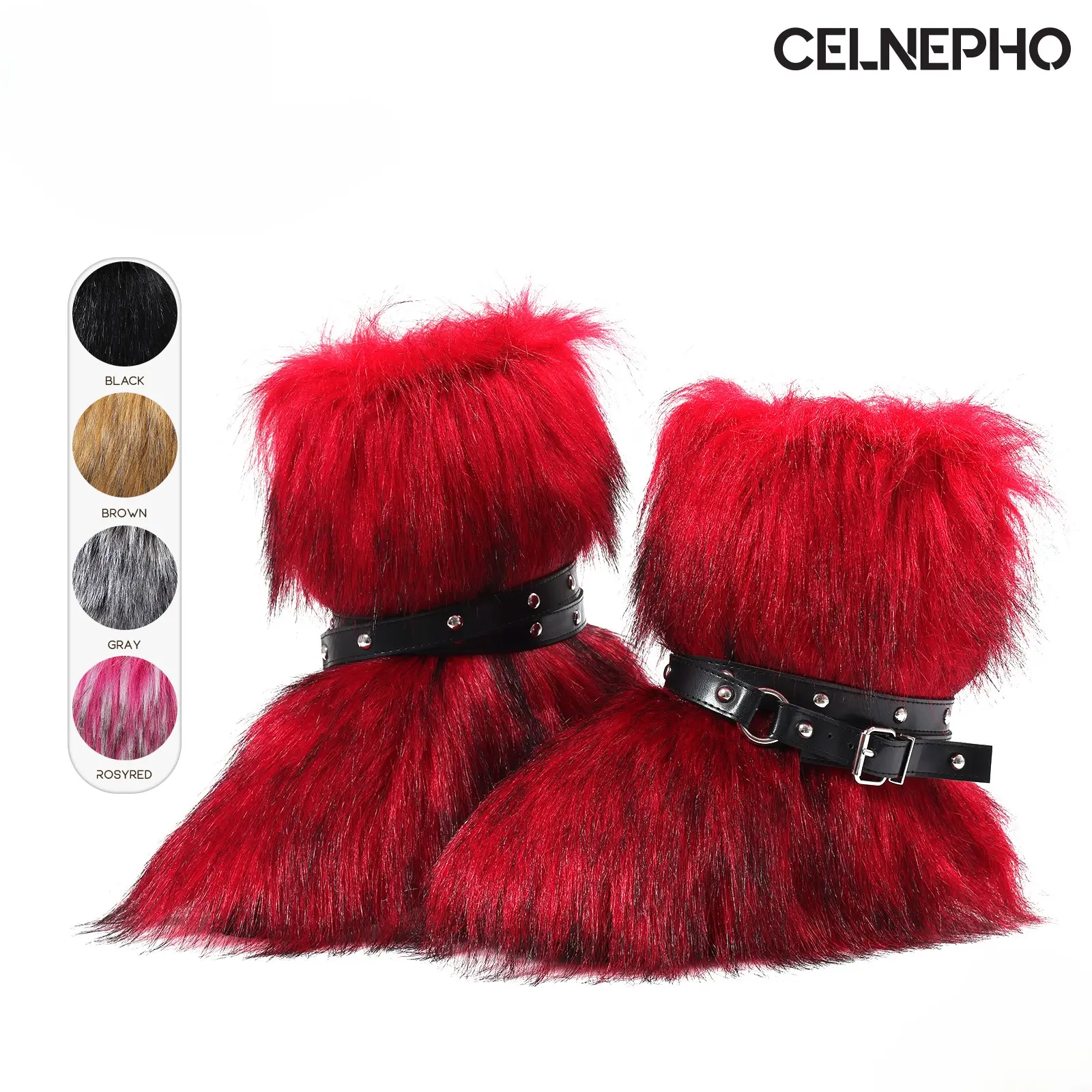 CELNEPHO Faux Fur Mid Calf Fluffy Furry Boots Fashion Belt Buckle Warm Cozy Snow Boots Metal Chain Round Toe Plush Boot Flat Heel Party Outdoor Dress Shoes