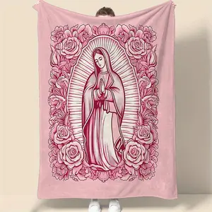 1 Piece Cozy Pink Virgin Mary Blanket-Super Soft Velvet with Floral Pattern, Perfect Gift for Mom, Grandma, Birthday and Valentine's Day, Perfect for Sofa, Bed, Travel and Living Room, multifunctional Blanket  Floral Blanket