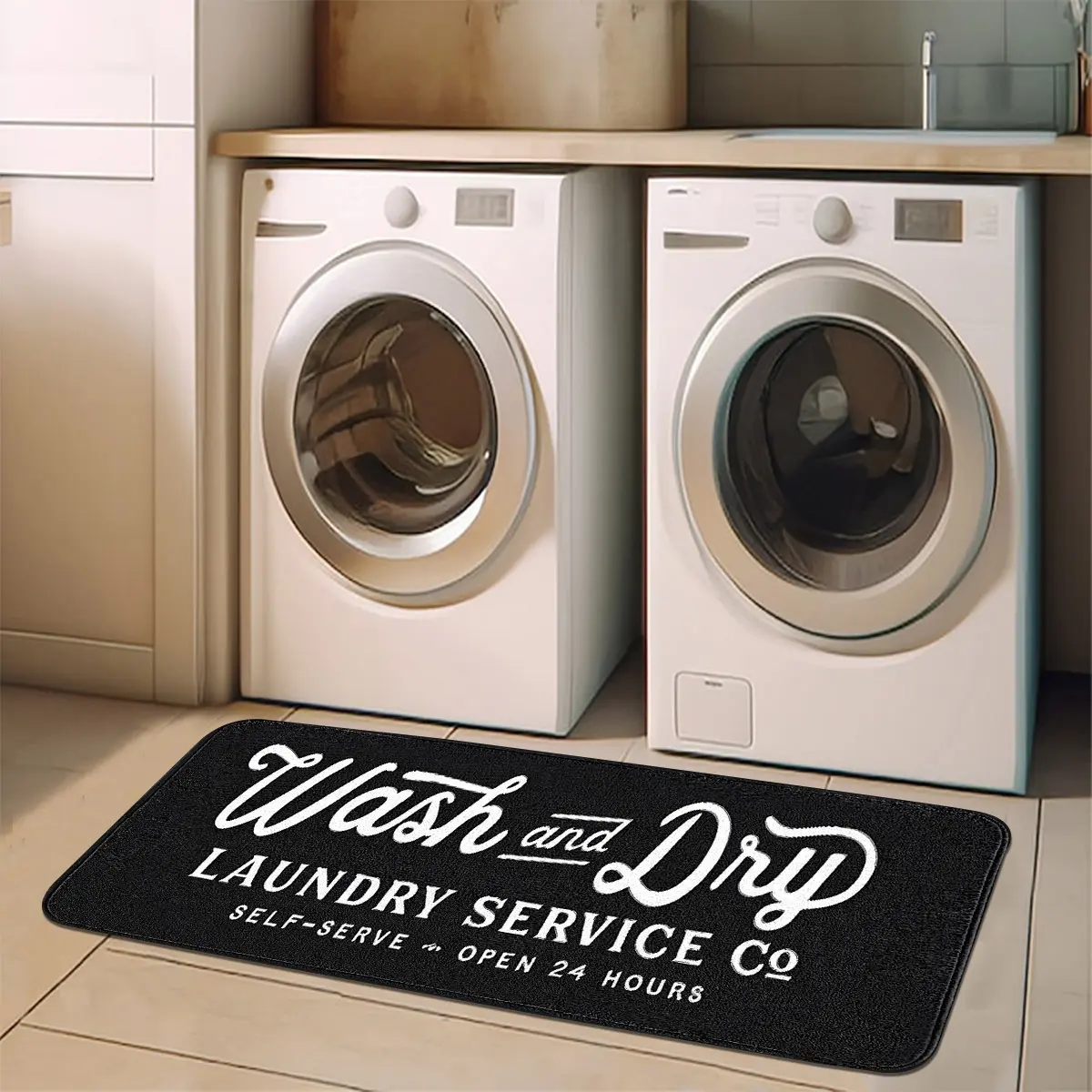 1pc Flannel Laundry Room Rug—Black Background, 24-Hour Laundry Script, Skin-Friendly & Breathable, Perfect for Laundry Room, Household Items, Laundry Room Runner, Laundry Hall Runner, Laundry Room Rug Mat
