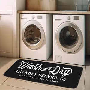 1pc Flannel Laundry Room Rug—Black Background, 24-Hour Laundry Script, Skin-Friendly & Breathable, Perfect for Laundry Room, Laundry Room Runner, Laundry Hall Runner