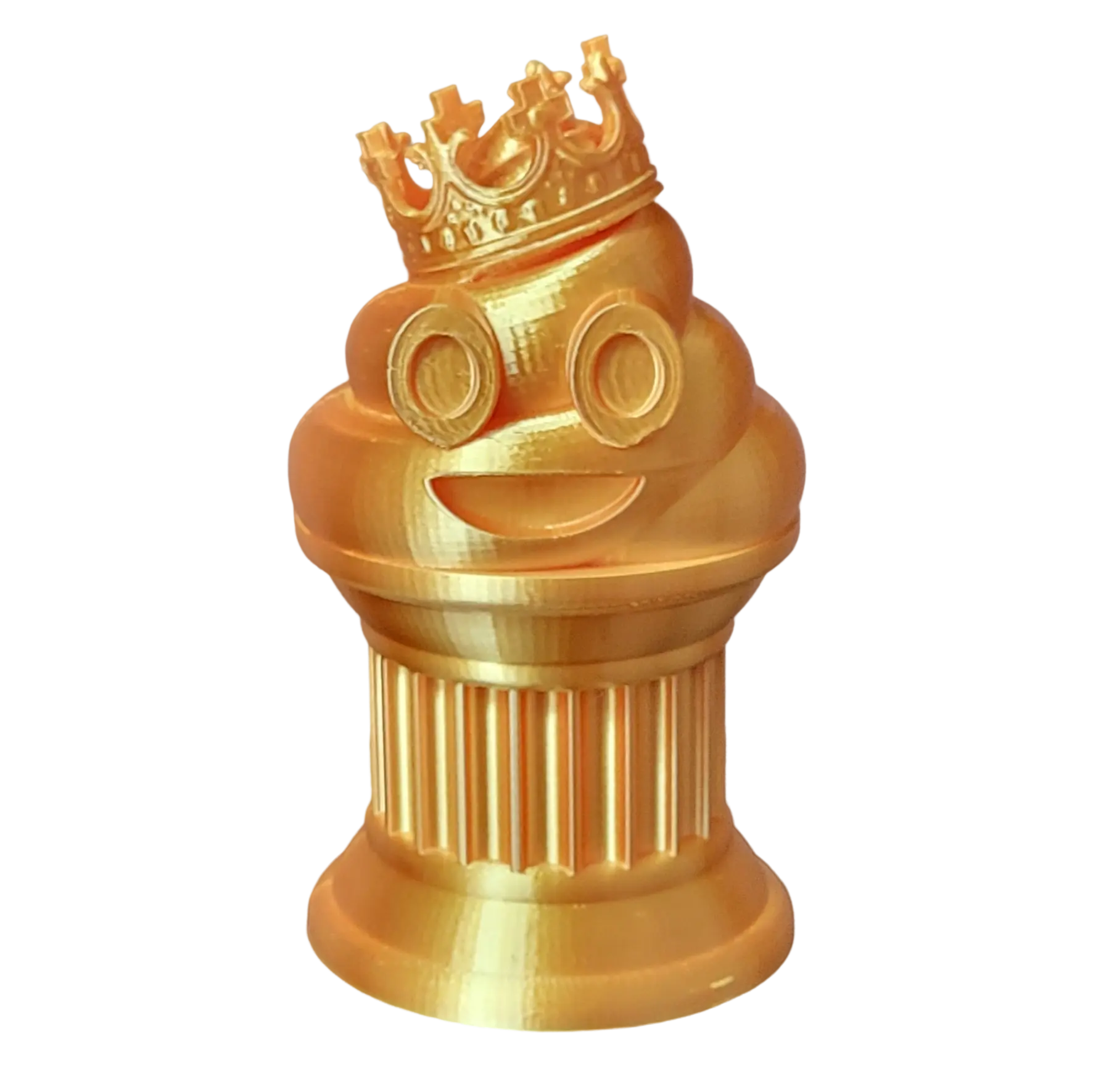 Znet3D King Poop Emoji Trophy - 6" Tall Handmade Novelty Award w/Additive Manufacturing, Solid Silk Gold Design, Crowned Poop Emoji on Column Pillar - Hilarious & Unique Gift, Award or Prize