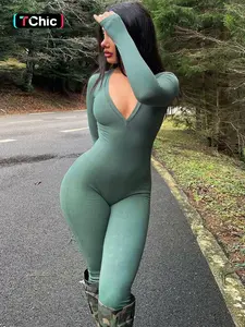 Women's Solid Color Deep V Neck Ribbed Jumpsuit, Casual Comfy Long Sleeve Skinny Jumpsuit for Spring & Fall, Women's Clothes for Daily Wear